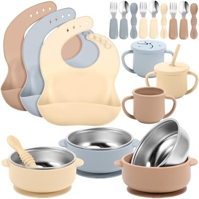  15 Pack Silicone Baby Feeding Set Include Baby Bowls Spoons Forks Adjustable 