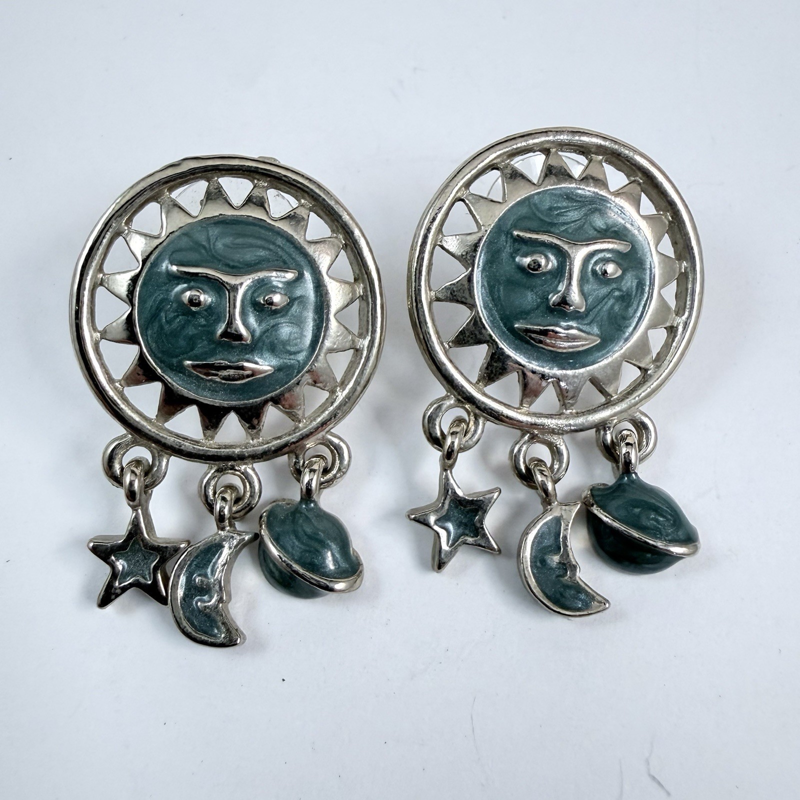 Vintage Celestial Enameled Face in Moon Planets Stars Dangle Pierced Earrings