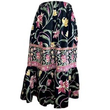 VTG 80s Upcycled M Black Pink Tiered Ruffle Midi Skirt A-Line Floral Boho Pocket
