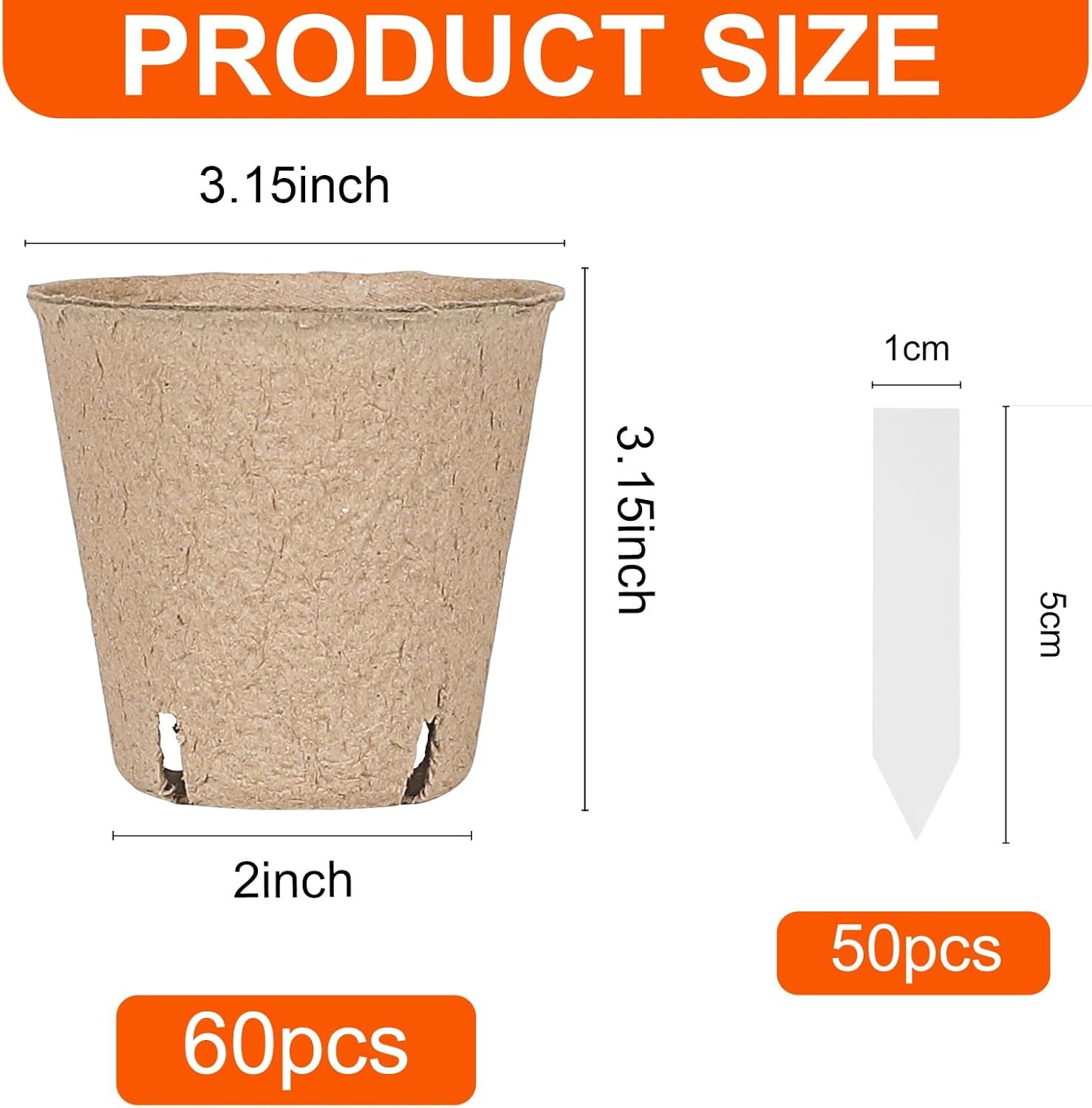 60 Packs 3.15 Inch Peat Pots,Biodegradable Pots for Seedlings with Drainage Hole