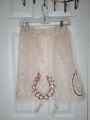 Vintage 1950s Hostess Apron Peach Pink Organza White Flocking Glitter Never Worn