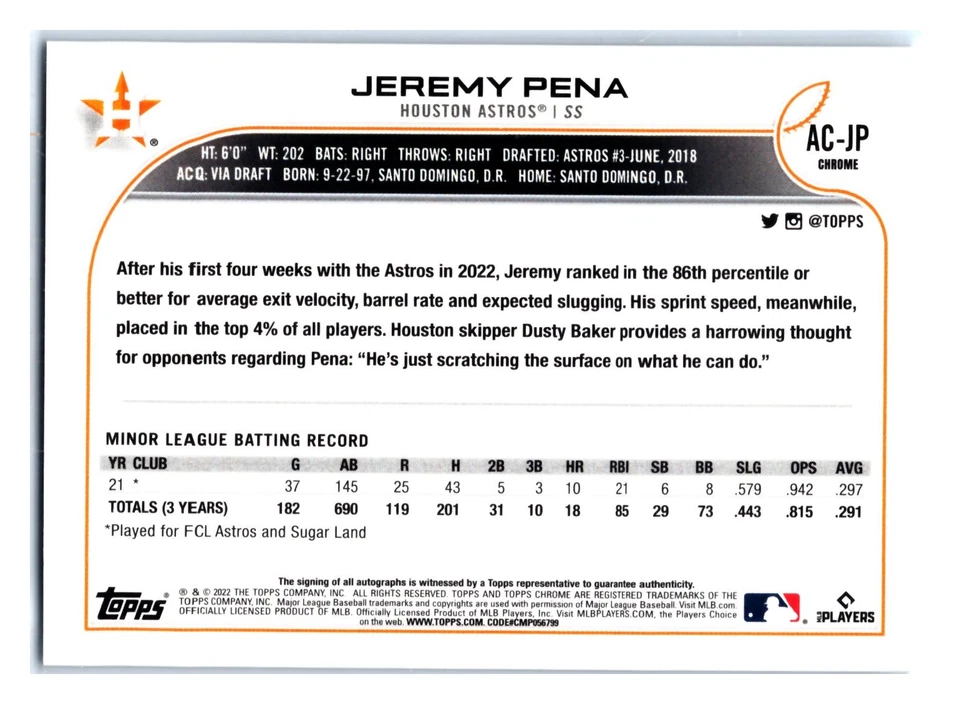Jeremy Pena 2022 Topps Chrome Update Auto Refractor #AC-JP Rookie Astros - Image 2 of 2