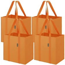 4 Pack Light Yellow Reusable Grocery Bags, Foldable Tote, Reinforced Bottom