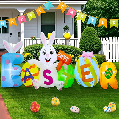 8FT Easter Inflatable Bunny with Eggs - Lighted Yard Decoration for Spring