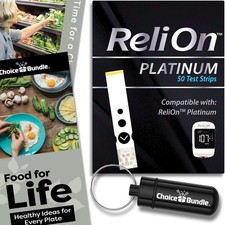 ReliOn Platinum Blood Glucose Test Strips 50 Ct 1Pk Bonus Food Guide Holder