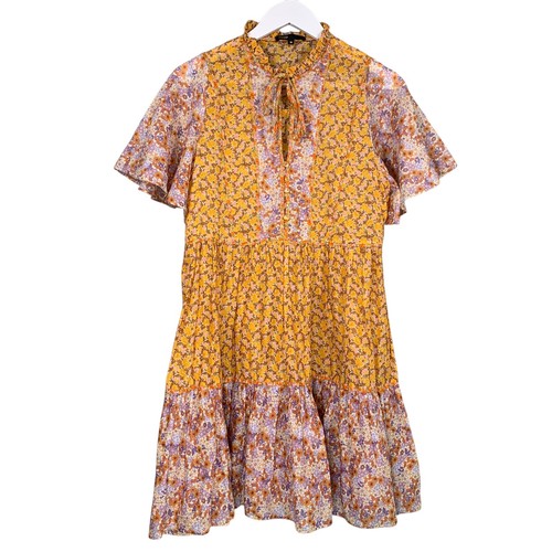 Maje Dress Size UK10 Floral Yellow Tiered Midi Smock Keyhole Boho Prairie Hippie