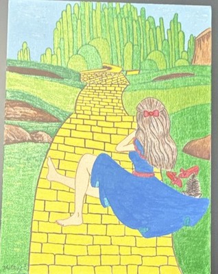 Girl on Yellow Brick Road Landscape Drawing, Cartoon Colored Pencil on Paper