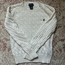 Ralph Lauren Kids M 10-12 White Cream Cable Knit Crewneck Sweater Navy Pony