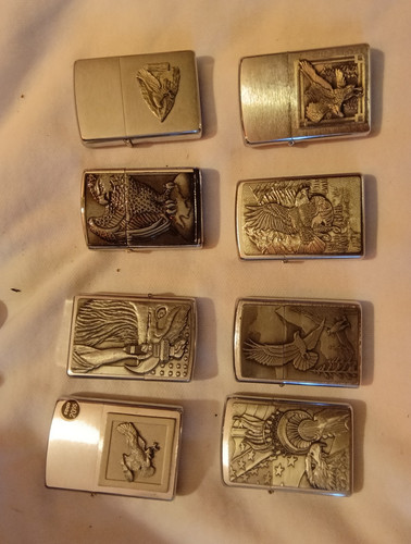 Zippo Lot of 8 Lighters Engraved Eagle Designs, Various Engraved Designs