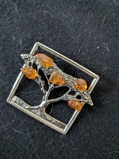 Large Beautiful Amber and Silver Tone Brooch Tree Design Vintage? Gift UK Seller