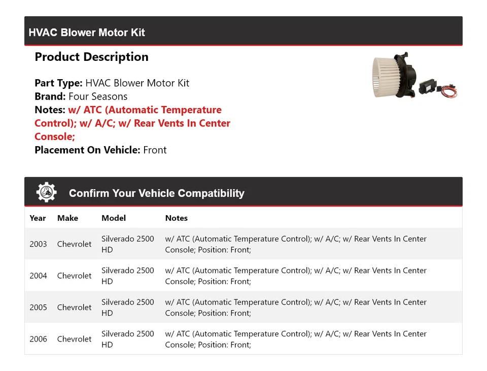 Kit de motor soprador dianteiro 4 estações Chevrolet Silverado 2500 HD HVAC para 2003-2006 - Imagem 2 de 3