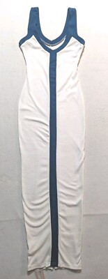 Micas Dress Women's Small Maxi Ribbed V-Neck White Blue  Slit Resort Vacation 