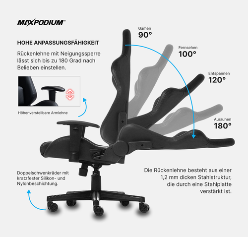 Gaming Stuhl Bürosessel | Ergonomisch, verstellbar - 150 kg– MaxPodium Skilled - Picture 6 of 11