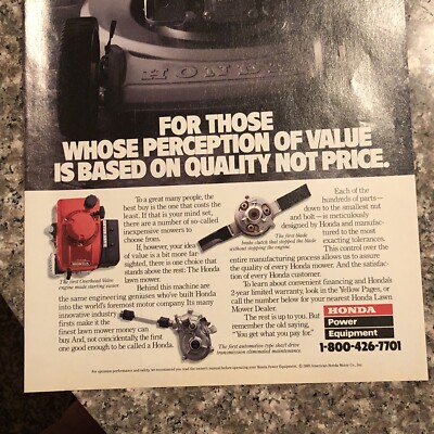 1989 Honda Lawnmower PRINT AD Perception of Value - Quality Not