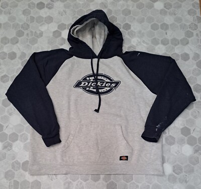 Vtg  Dickies Mens 2XL  Blue Grey Logo  Hoodie Sweatshirt Thrashed Paint Stains