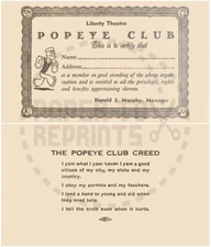 LIBERTY THEATRE POPEYE CLUB MEMBERSHIP CARD - VINTAGE REPRINT