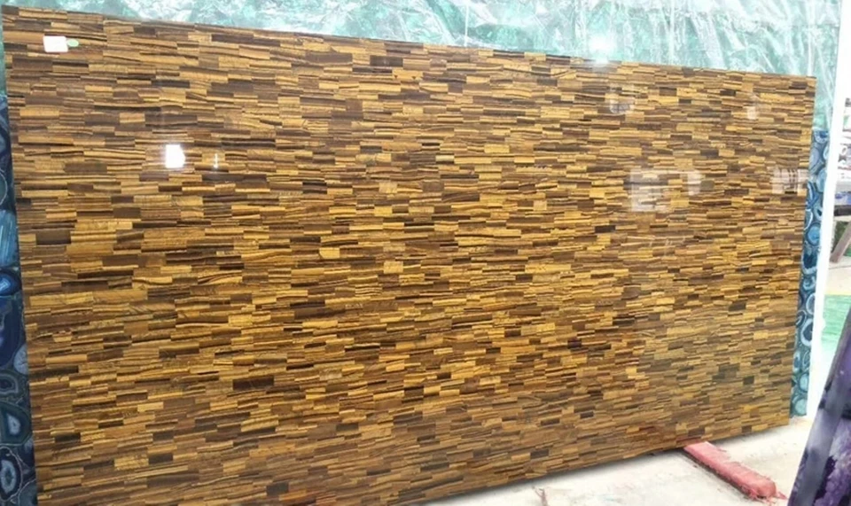 Marble Coffee Table Top Tiger Eye Stone Brick Design Random Work Corner Table - Image 3 of 4