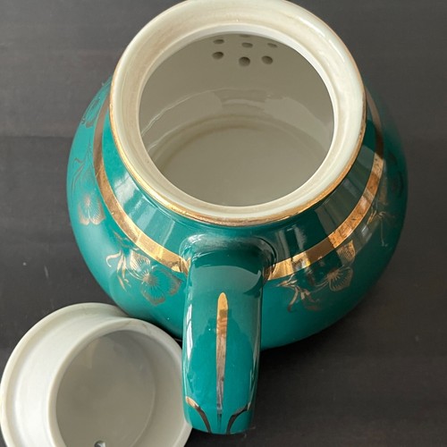 Vintage Hall Pottery Teapot Green Gold Floral Pattern 6 Cup Made In USA - Picture 8 of 9