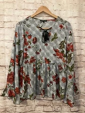 Signature Studio Babydoll Top Womens Large Floral Ruffle Hem Flowy Bell Sleeve