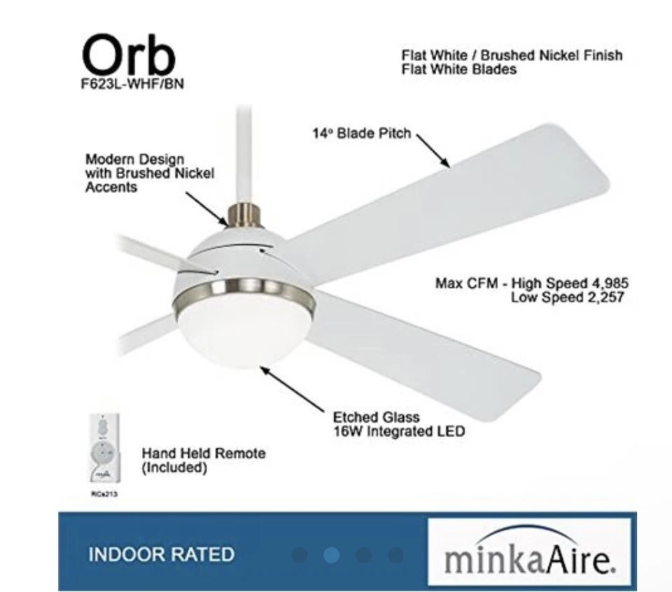 Minka-Aire F623L-WHF/BN Orb 54 Inch Ceiling Fan with Integrated 16W LED Light - Image 2 of 2