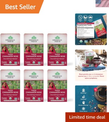 Stress-Relieving Tulsi Cinnamon Rose Tea - Handpicked Herbal Blend, 6 Packs