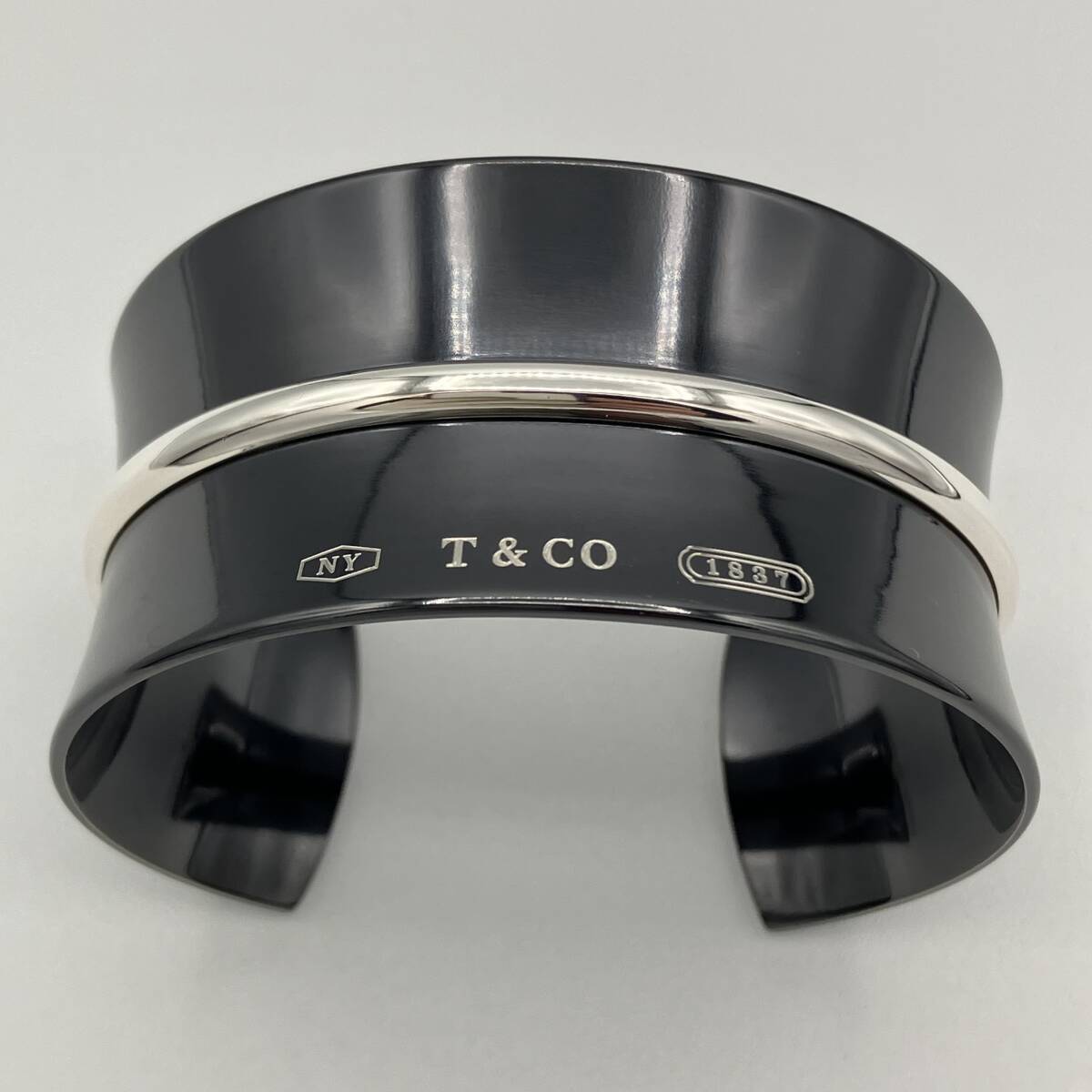 Tiffany & Co. 1837 Black Titanium & Silver AG925 Cuff Wide Bangle Bracelet 6