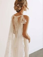 White Ivory Wedding Bridal Veils Shoulder Cape Wing Pearls Tulle Lace Long Veil