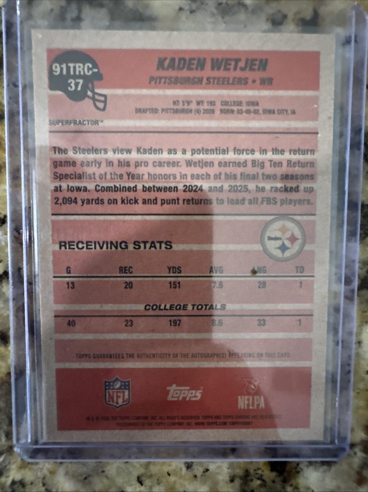 2026 Topps Chrome Kaden Wetjen Rookie Autograph 1/1 SuperFractor 91TRC-37 view 2