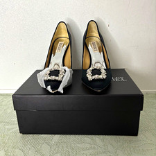 Badgley Mischka Women  s Black Pointed Toe Pump Rhinestone Buckle Slip-On 7.5