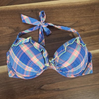 Victorias Secret Bombshell Push Up Plaid Halter Tie Bikini Top 36D Blue Pink