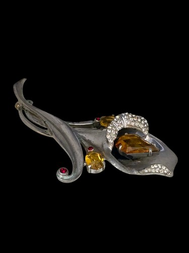 Vintage Calla Lily Silvertone Brooch With Paste Stones (A7310) - Picture 4 of 8