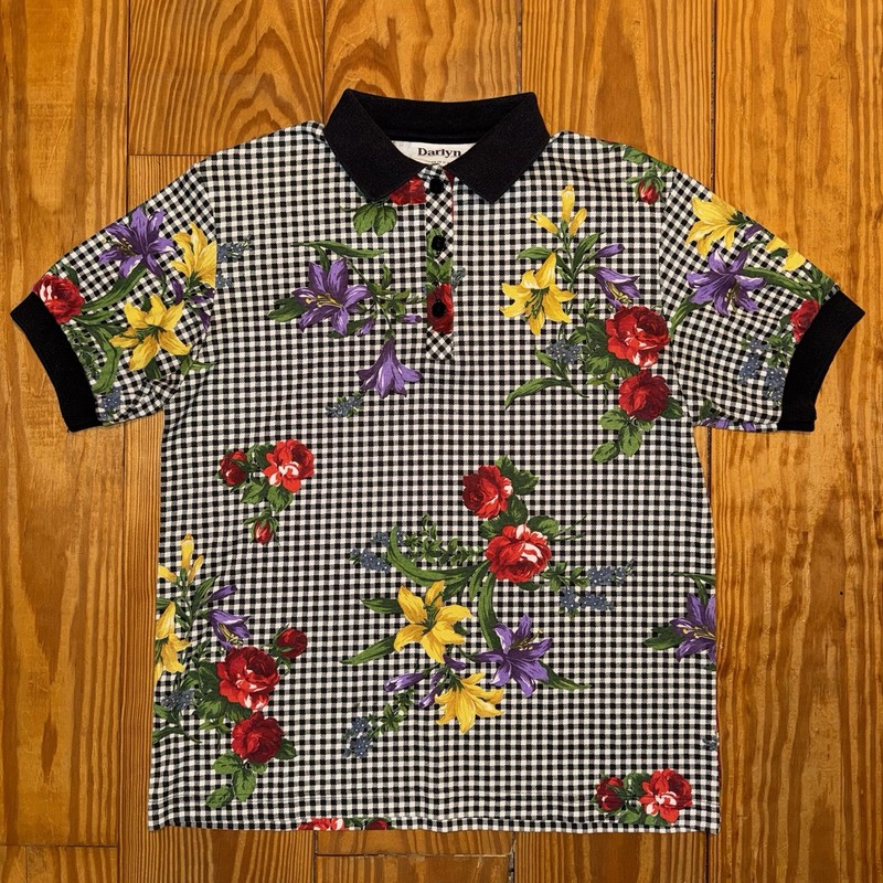 Vintage Darlyn Designs Floral Flowers Checkered Polo Shirt Size Small USA