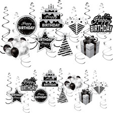 16Pcs Black White Silver Hanging Swirls Decorations for Women Men, Happy Birthda