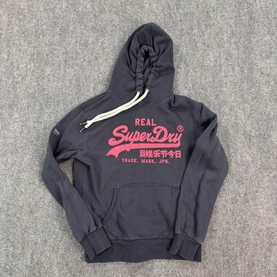 Superdry Hoodie Mens Large Gray Real SuperDry Logo Pullover Fleece Sweatshirt