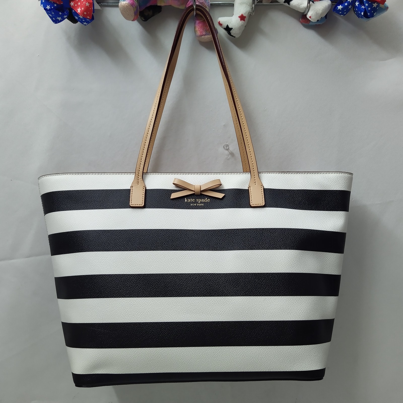 Kate Spade Black White Stripe Leather Double Handles Zipper Tote Bag thumbnail 8