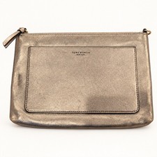 Tory Burch Emerson Clutch OS Gold Metallic Leather Zip Pouch Statement Evening