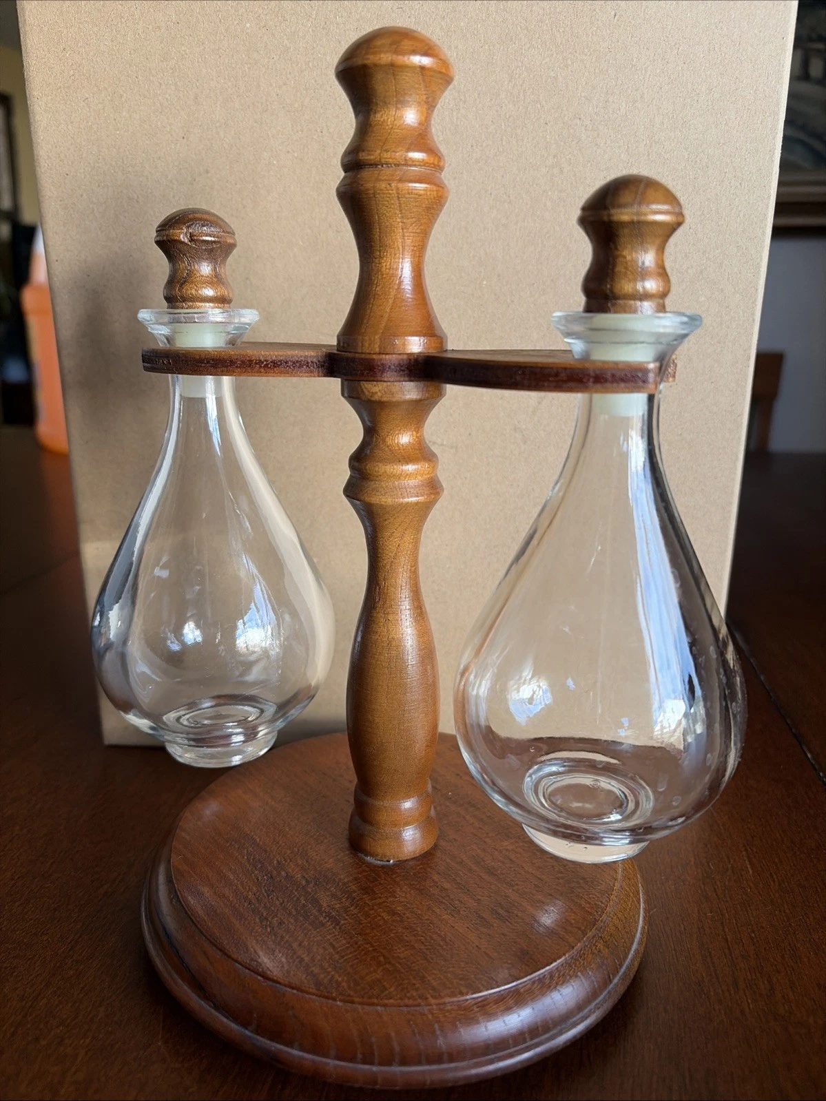 Vintage MCM 1968 Vinegar And Oil Set With Wooden Stand Made By Styson