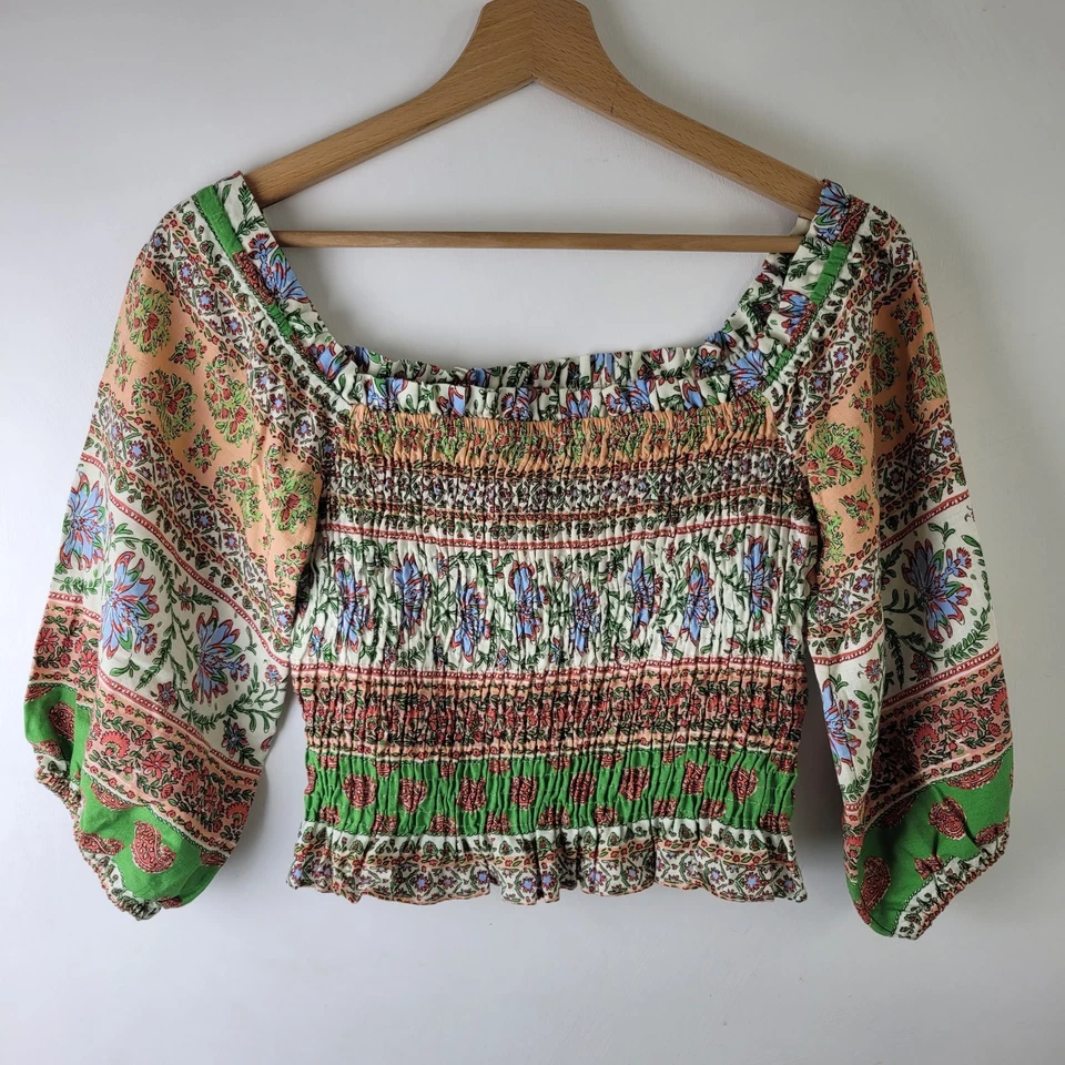 Zara Women Size M Coloured Floral Linen Blend Smocked Top Blouse Summer Casual - Image 2 of 4