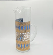 Vintage MCM West Virginia Glass Rainer 22K Gold & Blue Martini Pitcher Rare