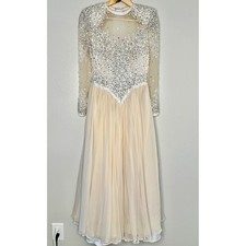 Lillie Rubin Vintage Wedding Dress Beaded Sequin Long Sleeve Gown Cream 4