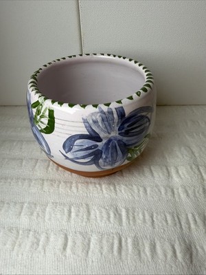 Handmade Painted Floral Blue Green Terra Cotta Pottery Planter Signed Skinner