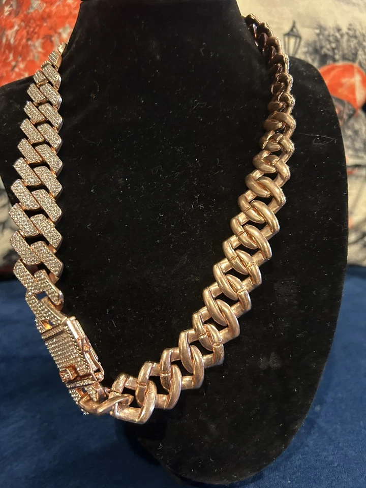 Gargantilla para hombre oro rosa Miami cadena de eslabones cubanos Ice Out circonita VVS real ICY 20 pulgadas Foto 2 de 4