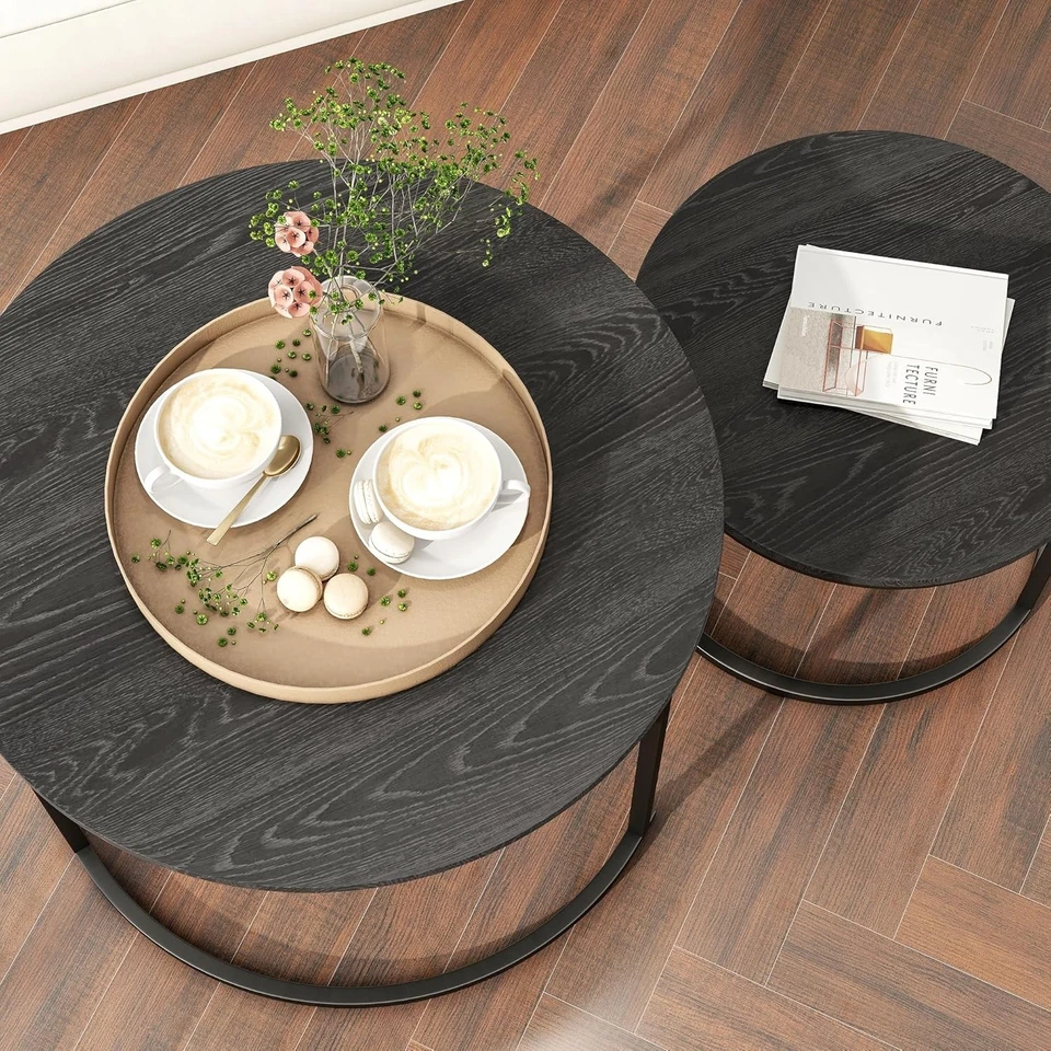 Set of 2 Round Coffee Table Nesting Side End Tables Walnut Wood Black 807 - Image 2 of 4