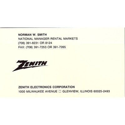 Zenith Electronics Corporation Norman Smith Glenview IL Business Card STK2-BC3-8