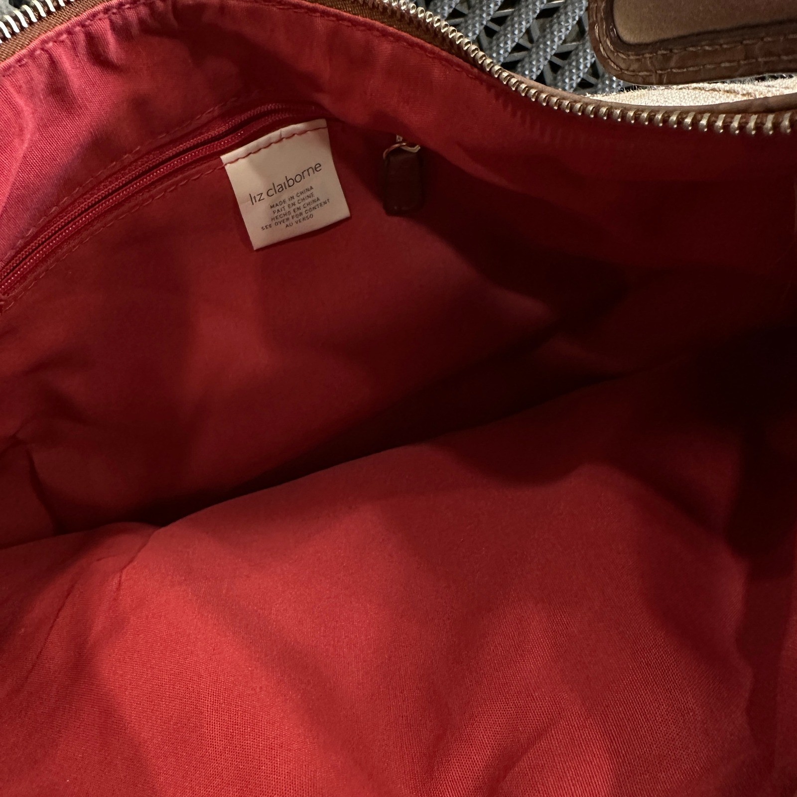 Liz Claiborne Hobo Bag Beige Canvas Purse Brown Leather Trim Shoulder Bag