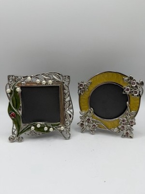 Set of 2 Enamel and Jewel Toned Frames 2X2 Picture Frames Lady Bugs And Flowers