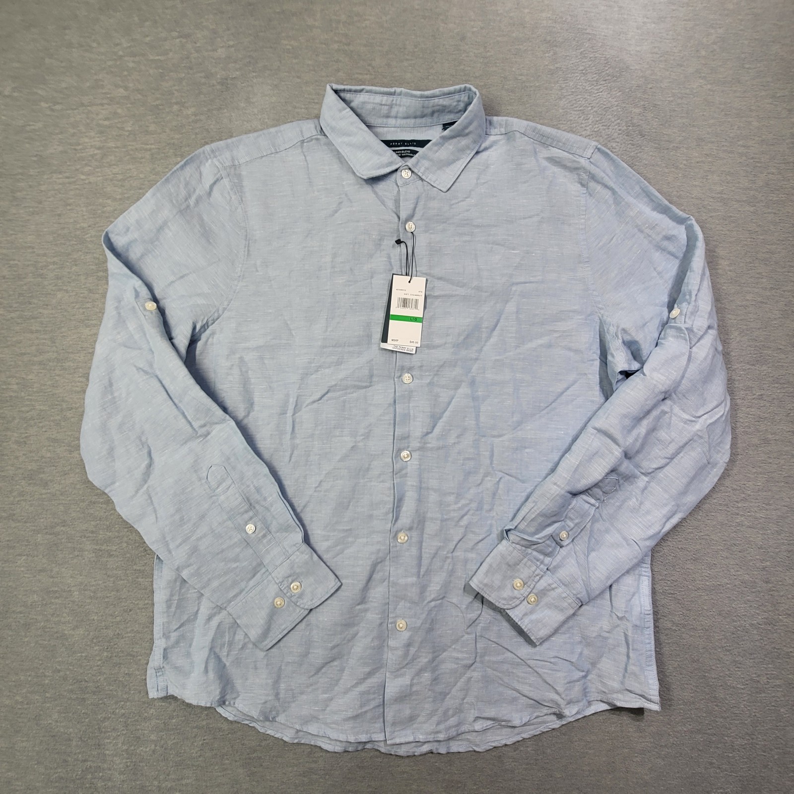 Perry Ellis Shirt Mens Large Blue Linen Chambray Button Up Untucked NWT