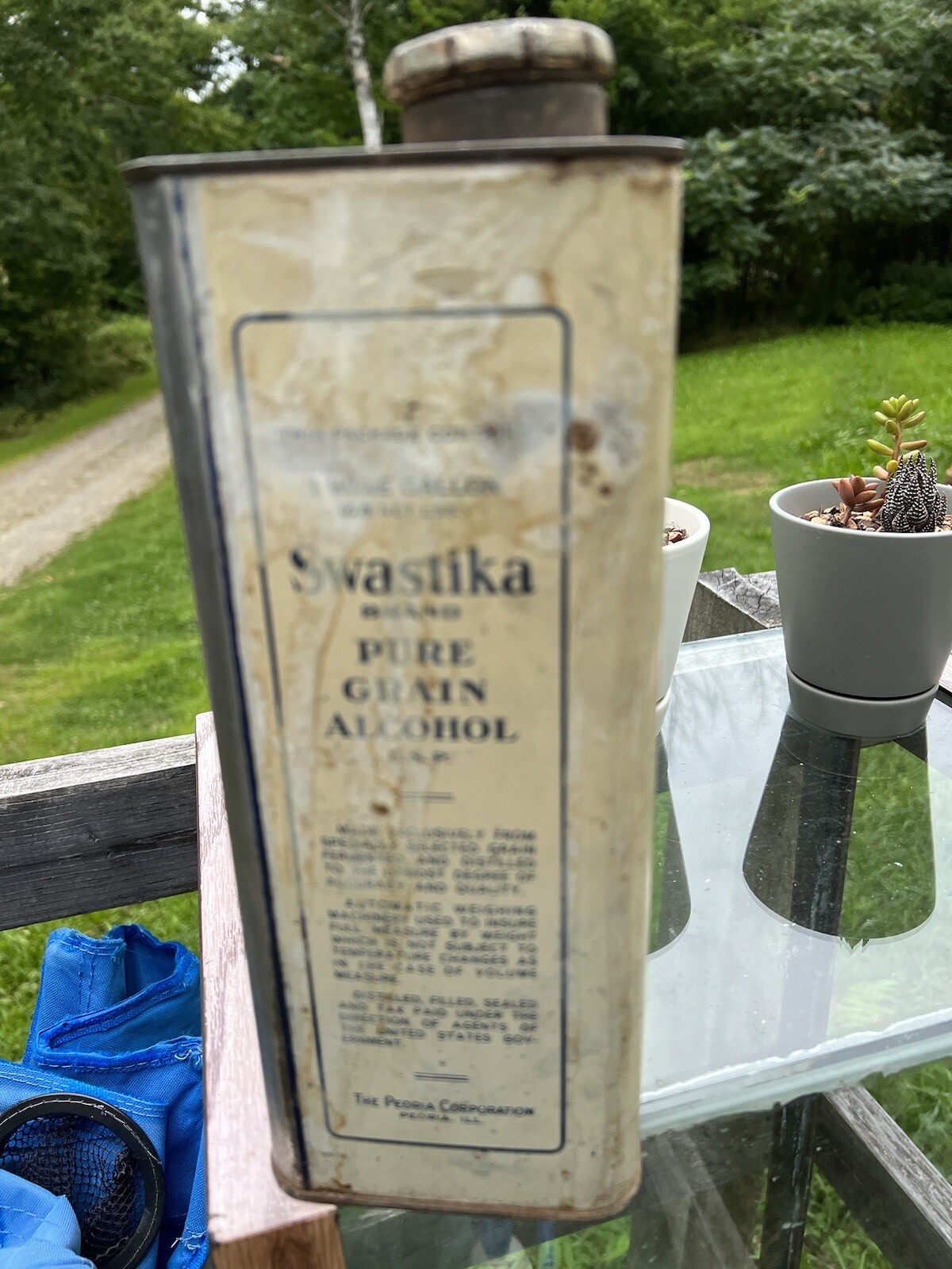 SWASTIKA BRAND PURE GRAIN ALCOHOL 1 GALLON EMPTY CAN PEORIA CORPORATION