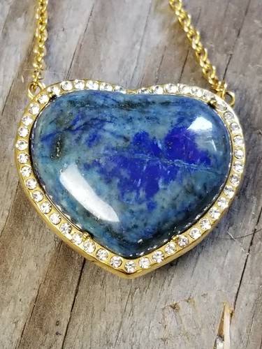 Reversible Heart Necklace Lapis Milfiori Glass Gold Over Stainless Steel 19" - Picture 5 of 11