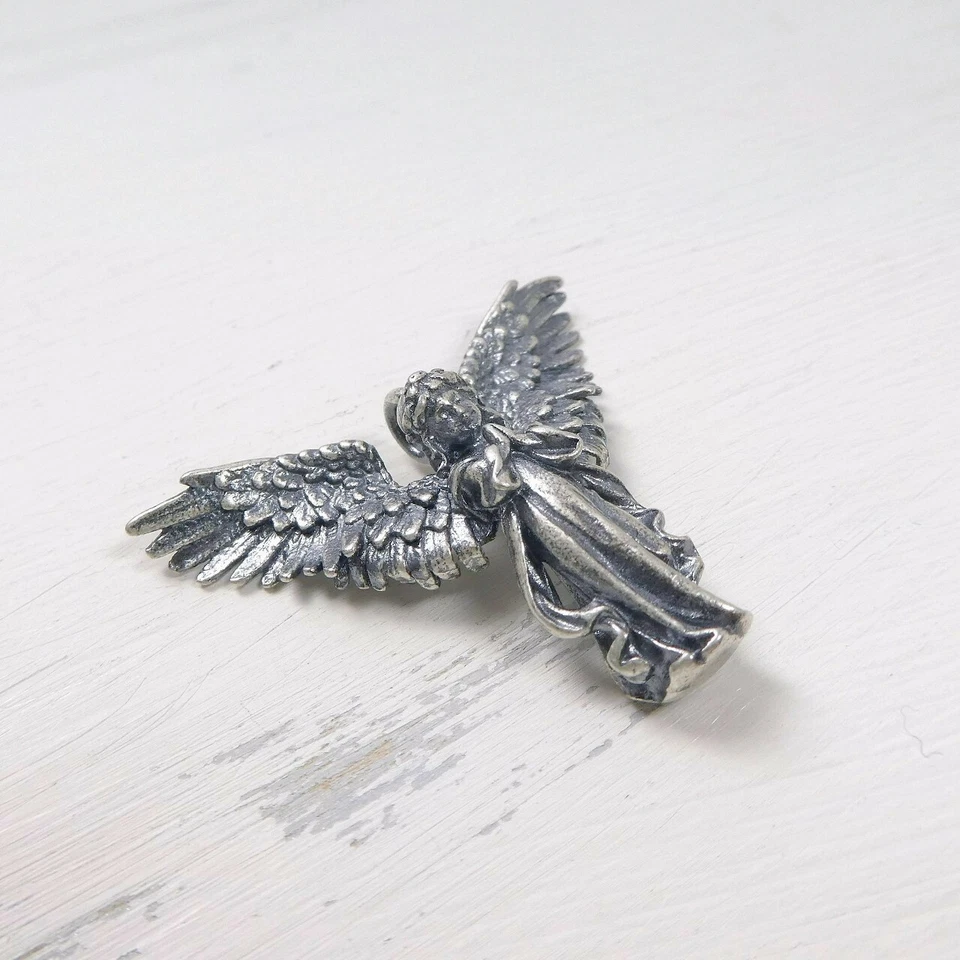 Antiguo colgante de ángel de oración de plata de ley 925 con alas abiertas único Foto 3 de 4